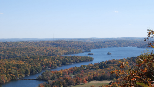 A scenic view of a river winding through vibrant autumn foliage under a clear blue sky.