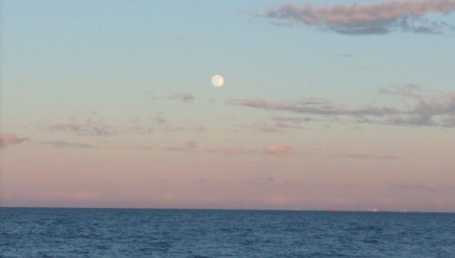 A serene ocean view at dusk with a full moon rising above the horizon and soft clouds in a pastel sky.