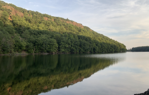 A serene lake reflecting lush green hills under a clear sky, creating a peaceful natural landscape.
