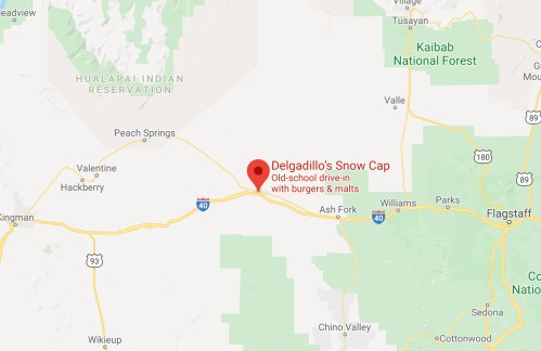 Map showing Delgadillo's Snow Cap, an old-school drive-in with burgers and malts, near Route 66 in Arizona.