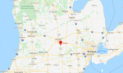 Map showing central Michigan with a red marker indicating the location of Keans, near Lansing.
