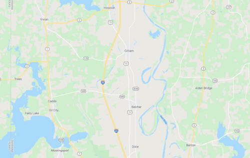 Map showing roads and waterways in a rural area, including highways and small towns like Gillam and Belcher.