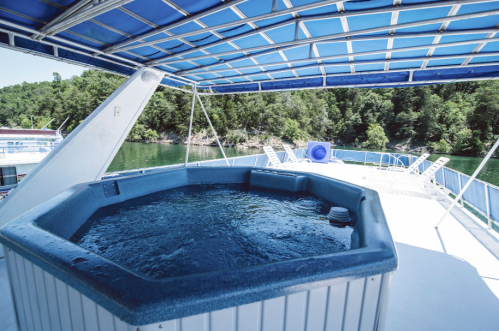A hot tub on a boat deck overlooking a serene lake surrounded by lush greenery.