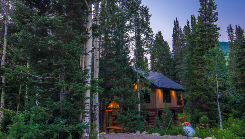 A cozy cabin nestled among tall trees, illuminated softly at dusk, surrounded by lush greenery.