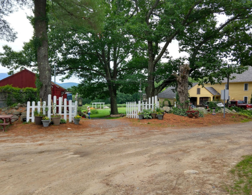 A gravel path leads through a white picket fence, surrounded by trees and plants, with buildings in the background.