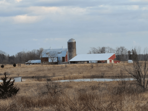 A red barn and silo on a farm, surrounded by dry grass and a small pond under a cloudy sky.