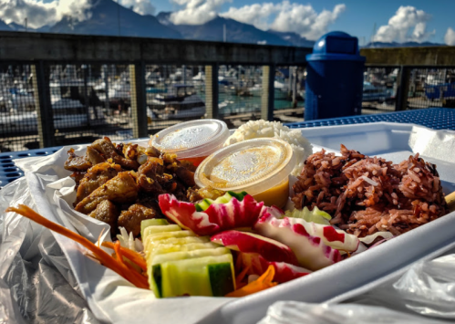 A takeout meal featuring grilled meat, rice, salad, and dipping sauces, with a marina view in the background.