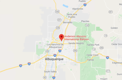 Map showing Albuquerque, New Mexico, with a marker for Anderson Abruzzo International Balloon Museum.