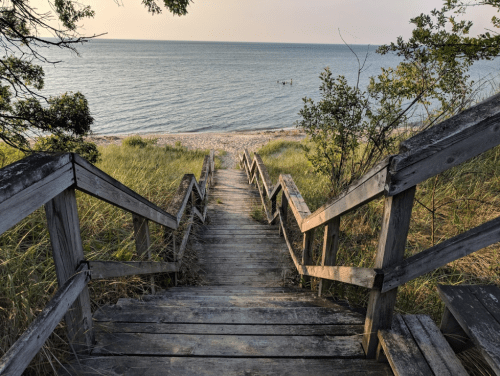 Wooden stairs lead down to a sandy beach by the water, surrounded by grass and trees under a clear sky.