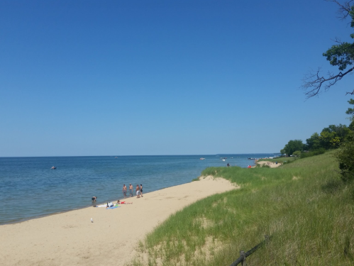 A sunny beach scene with people enjoying the sand and water, surrounded by green grass and clear blue skies.