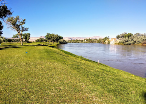 A serene riverbank scene with lush green grass, trees, and distant mountains under a clear blue sky.