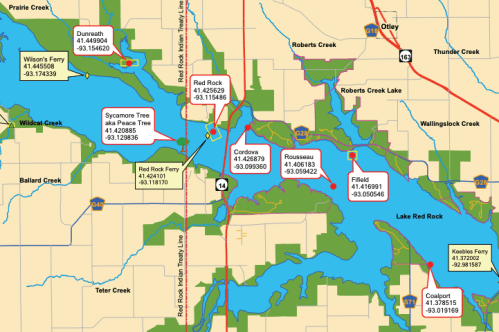 Map showing locations around Red Rock, including ferry points and landmarks with coordinates.