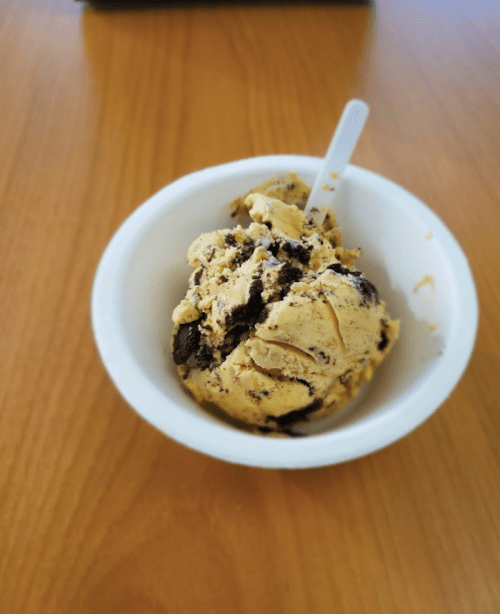 A bowl of cookie dough ice cream with chocolate cookie chunks on a wooden table.