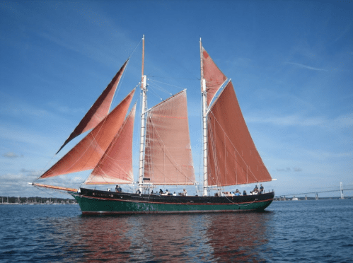 A tall ship with orange sails sails on calm waters under a clear blue sky, with people on board enjoying the view.