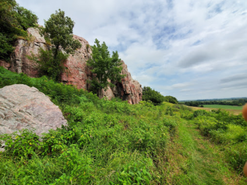 A rocky landscape with greenery and trees under a cloudy sky, leading to an open field in the distance.