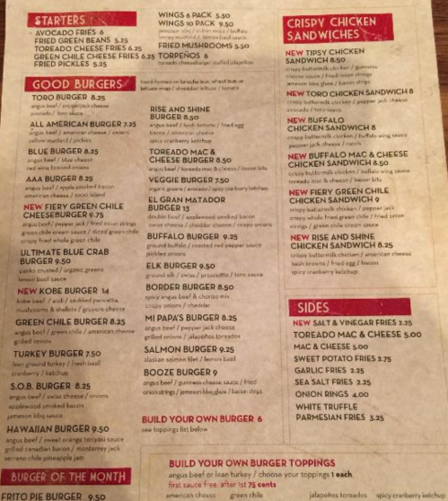 Menu featuring starters, burgers, and crispy chicken sandwiches with prices listed for each item.