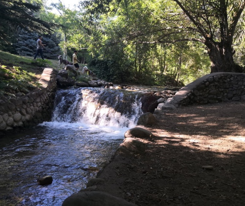 A serene stream flows over rocks in a wooded area, with people walking along the bank under dappled sunlight.