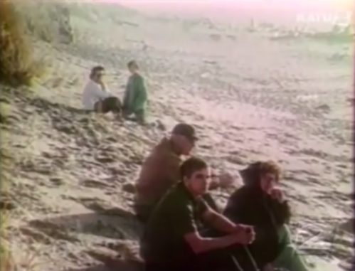 A group of people sitting on a beach, with some looking towards the camera and others in conversation.