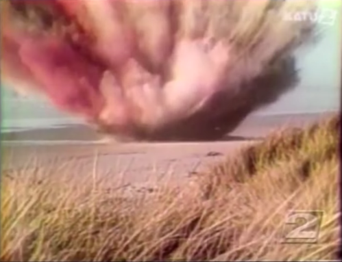 A large explosion occurs on a beach, sending up a cloud of smoke and debris against a backdrop of grass.