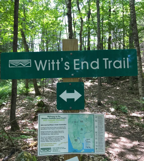 Sign for Witt's End Trail with directional arrow and informational map in a wooded area.