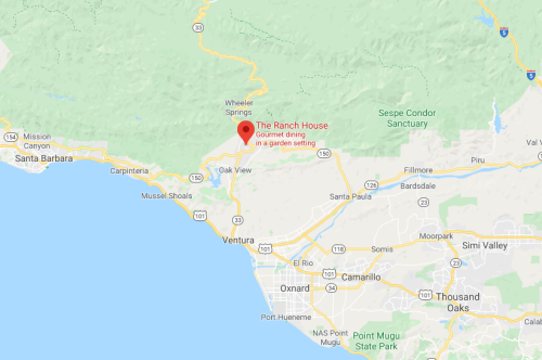 Map showing the location of The Ranch House, a gourmet dining restaurant in a garden setting near Ventura, California.