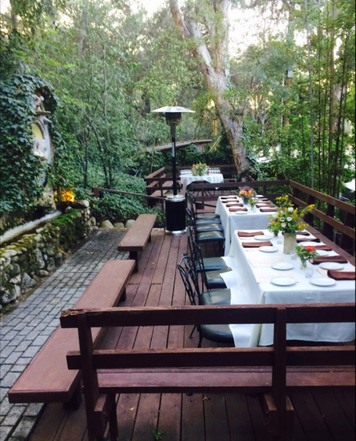 Outdoor dining area with a long table set for a meal, surrounded by greenery and wooden benches.
