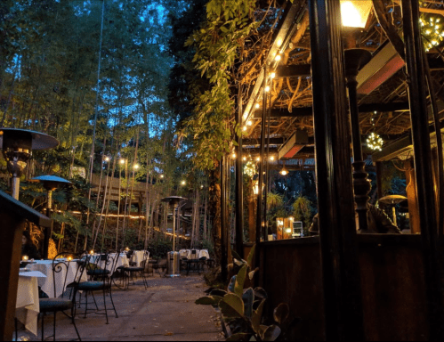 A cozy outdoor restaurant setting with string lights, tables, and lush greenery in the evening.