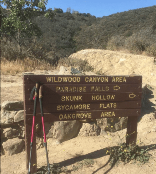 Wooden signpost in Wildwood Canyon Area with trail directions to Paradise Falls, Skunk Hollow, Sycamore Flats, and Oakgrove.