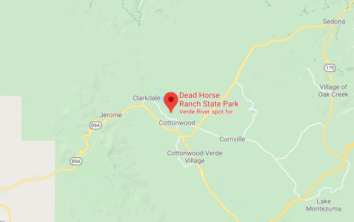 Map showing Dead Horse Ranch State Park near Cottonwood, Arizona, with nearby towns and roads labeled.