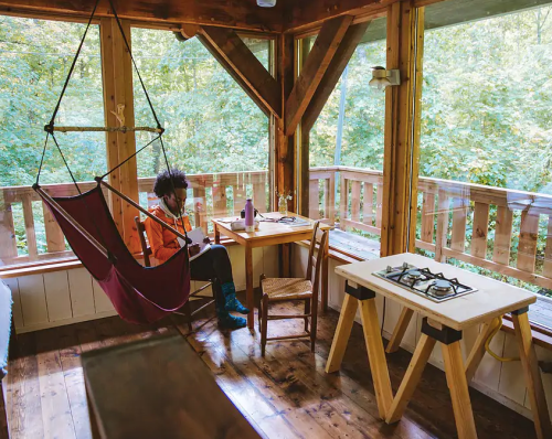 A cozy cabin interior with a person sitting in a hammock, surrounded by wooden walls and large windows overlooking greenery.