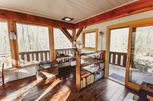 Cozy cabin interior with wooden beams, a small kitchen area, shelves of books, and large windows overlooking the forest.