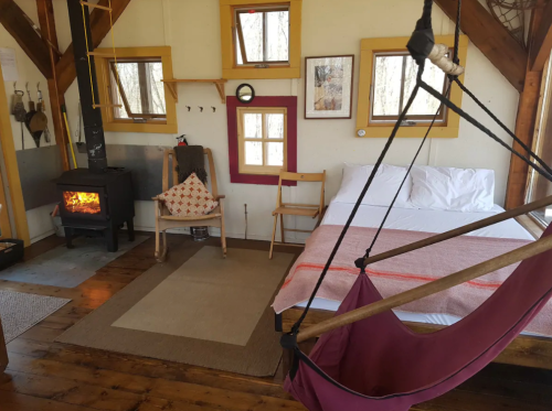 Cozy cabin interior with a bed, chair, hammock, and a wood stove, featuring large windows and warm wooden accents.