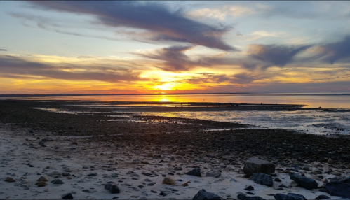 A serene sunset over a calm beach, with colorful clouds reflecting on the water and rocky shorelines.