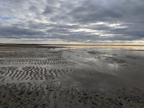 A serene beach scene with rippled sand, shallow water, and a cloudy sky reflecting over the horizon.