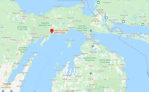 Map showing the location of Upper Crust Cafe Bakery & Deli near the Hiawatha National Forest in Michigan.