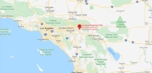 Map showing Yuccaipa Regional Park near Los Angeles, highlighting recreational areas for swimming and camping.