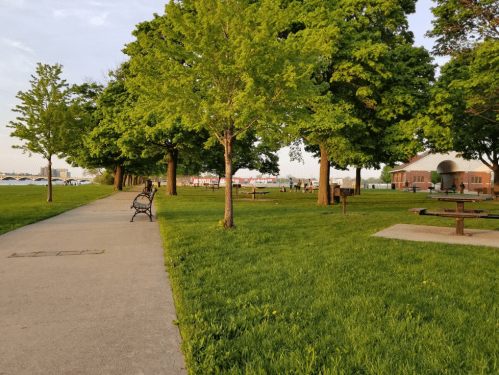 A park path lined with trees, benches, and picnic tables, leading to a waterfront area at sunset.