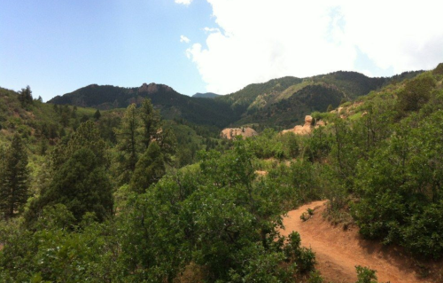 A scenic view of a mountainous landscape with green trees and a winding dirt path under a partly cloudy sky.