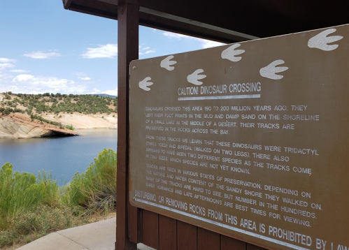 Sign warning of dinosaur crossing, detailing their history and tracks, with a scenic view of a lake and rocky shoreline.