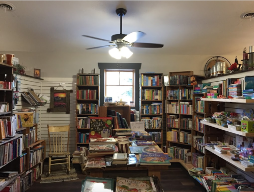 Cozy bookstore interior with shelves of books, a ceiling fan, and a window letting in natural light.