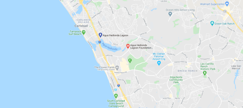 Map showing the coastline of Carlsbad, California, highlighting Aqua Hedionda Lagoon and nearby landmarks.