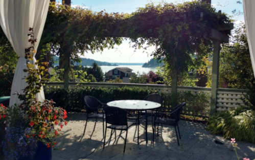 A serene patio with a table and chairs, framed by greenery, overlooking a tranquil lake and distant houses.
