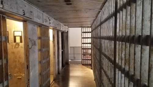 A dimly lit prison corridor with metal bars and several cell doors on either side.