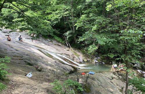 A serene forest scene with a rocky slope leading to a small pool, where people are enjoying the water and nature.
