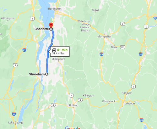 Map showing a route from Shoreham to Charlotte, Vermont, with a travel time of 41 minutes over 31.4 miles.