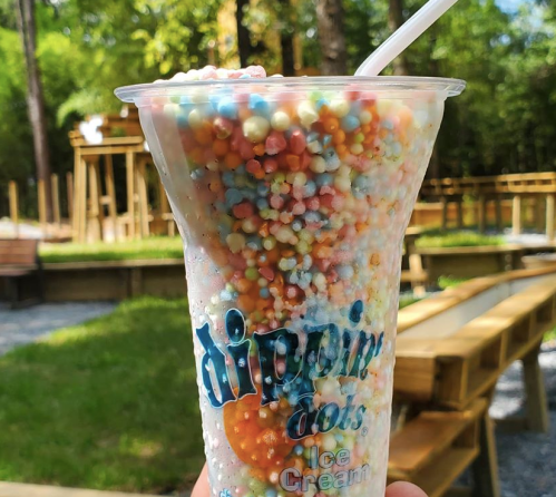 A cup of colorful Dippin' Dots ice cream held in hand, with a playground visible in the background.