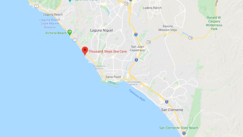 Map showing the location of Thousand Steps Sea Cave near Laguna Beach, California, with nearby towns and landmarks.