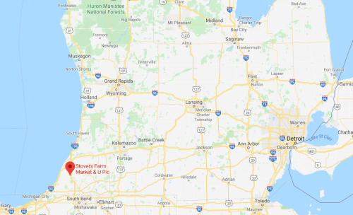 Map showing the location of Stover's Farm Market & U-Pick near the southwestern coast of Michigan.