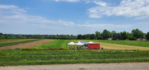 A scenic view of a farm with green fields, a red food truck, and white tents under a blue sky with scattered clouds.