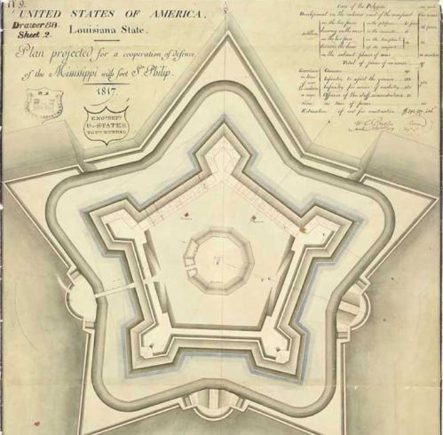 Historical blueprint of a star-shaped fort design for Louisiana, dated 1817, with detailed annotations and measurements.